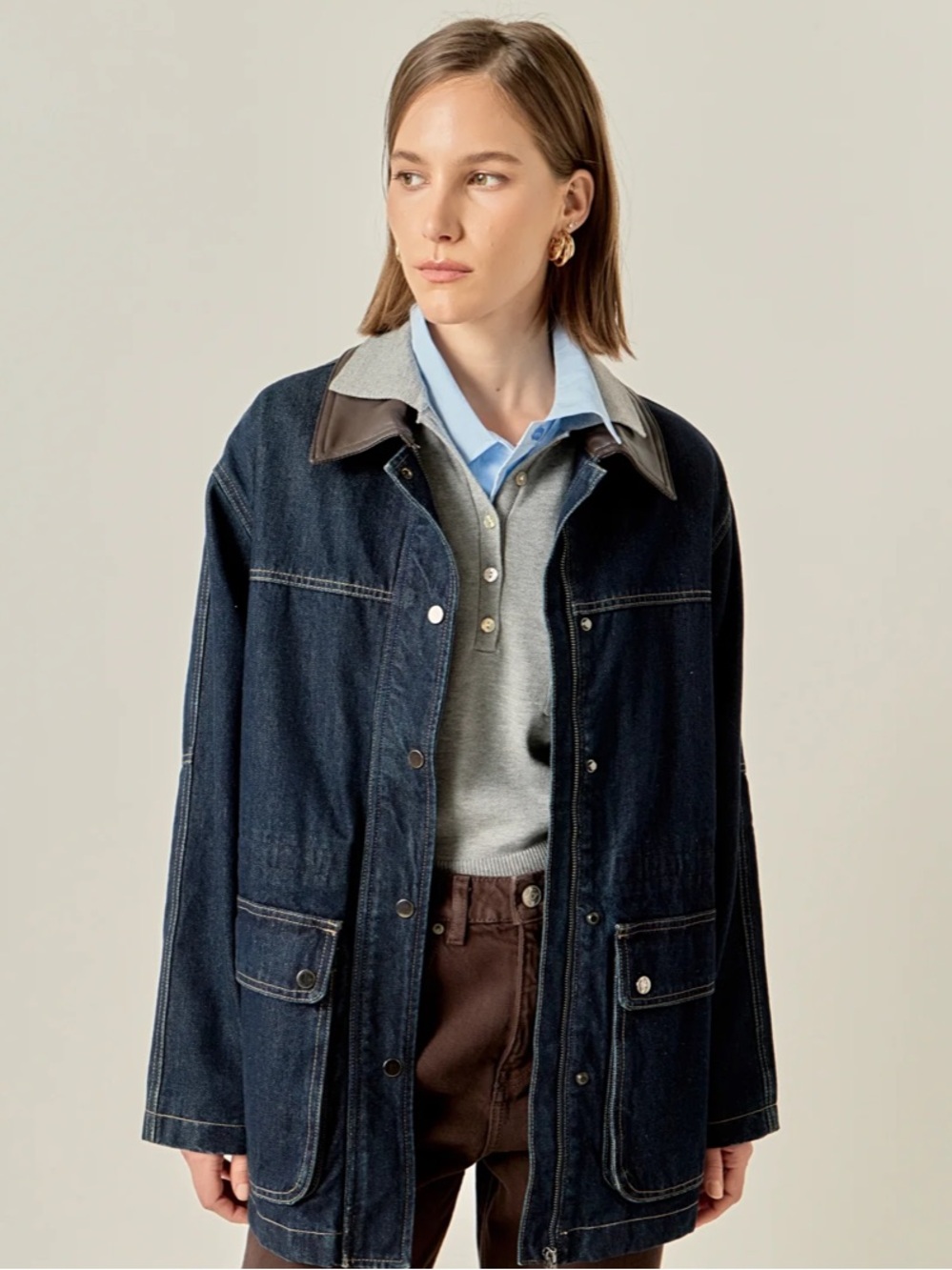 English Factory Dark Blue Denim Jacket with Tan Contrast Collar, Size XS